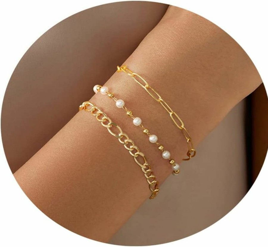 GolbalJew Golbaljew Dainty Bracelets For Women Stackable Link Chain Bracelet 18K Gold Plated Bracelets Adjustable Set For Women Gilrs Hot