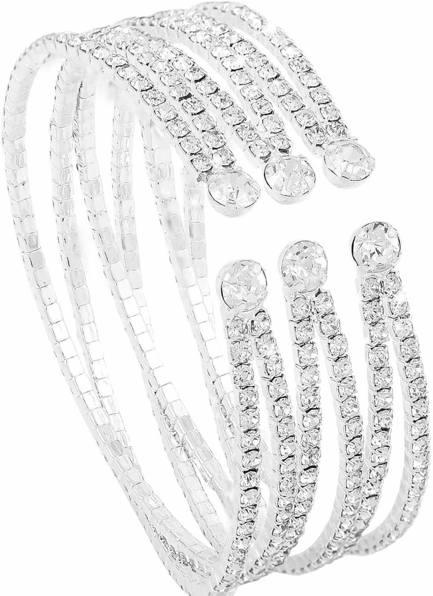 Jojomina Jojomina Multilayer Crystal Rhinestone Cuff Bracelet For Women Girls Silver Strand Layered Bridal Bracelet Jewelry For Prom Party Wedding Dating New