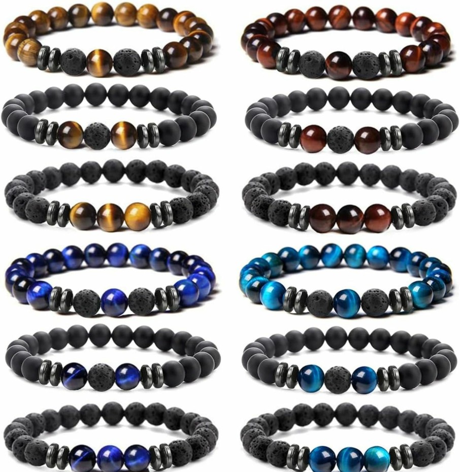 MOZAKA Mozaka 12Pcs 8Mm Natural Stone Lava Rock Beaded Bracelets For Men Women Tiger Eye Hematite Black Onyx Matte Beads Essential Oil Diffuser Lava Stone Bead Bracelets Bulk Online