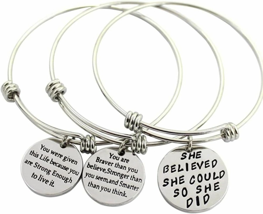 CCBFY 3 Pack Women Engraved Message Inspirational Words Round Charm Bracelets Set Expandable Silver Plated Stainless Steel Motivational Bangle Bracelet Hot