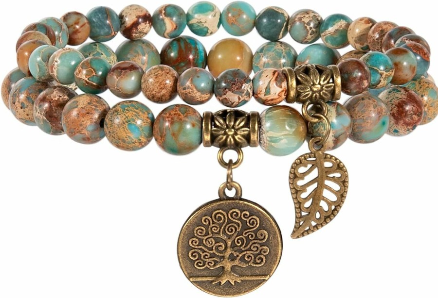 Bivei Bivei Natural Semi Precious Gemstone Beads Bracelet For Women - Tree Of Life And Leaf Charm Energy Healing Reiki Crystal Stretch Bracelets Online