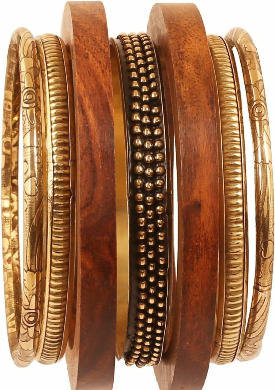 Touchstone Touchstone Indian Bollywood Hand Cut Natural Wood Pretty Assorted Patterns Brass Designer Jewelry Bangle Bracelets In Gold Tone For Women. New