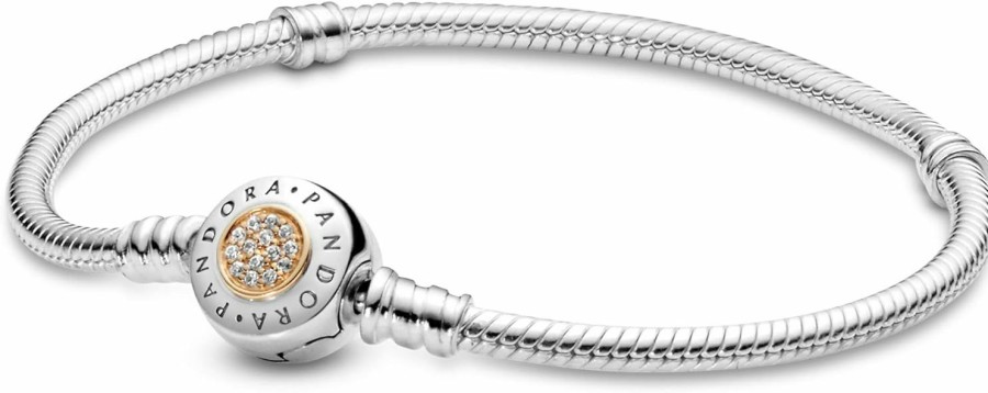 Pandora Pandora Moments Logo Clasp Snake Chain Bracelet - Silver Bracelet For Women - Gift For Her - Sterling Silver With 14K Yellow Gold & Cubic Zirconia - 7.1\", With Gift Box New