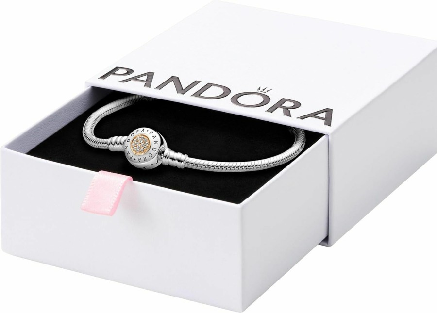 Pandora Pandora Moments Logo Clasp Snake Chain Bracelet - Silver Bracelet For Women - Gift For Her - Sterling Silver With 14K Yellow Gold & Cubic Zirconia - 7.1\", With Gift Box New