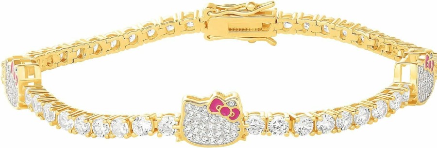 Hello Kitty Hello Kitty Sanrio Womens Pave Cz Tennis Bracelet Official License, 7.5\" 18Kt Gold Flash-Plated Sterling Silver Bracelet Wholesale