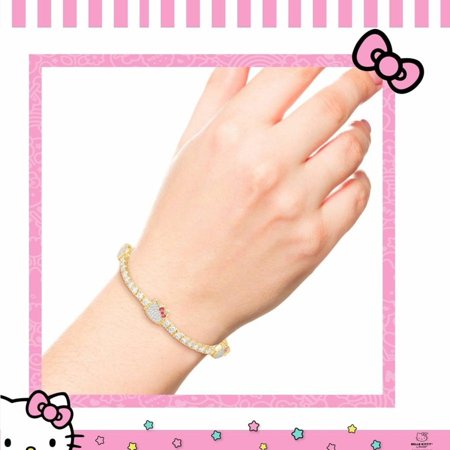 Hello Kitty Hello Kitty Sanrio Womens Pave Cz Tennis Bracelet Official License, 7.5\" 18Kt Gold Flash-Plated Sterling Silver Bracelet Wholesale