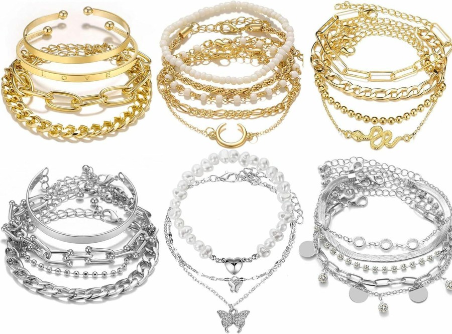 17IF 24 Pcs (7 Pack) Dainty Gold Silver Bracelet Set For Women Girl, Boho Chain Ankle Layered Stackable Link Adjustable Chunky Bangle Punk Fashion Jewelry Best