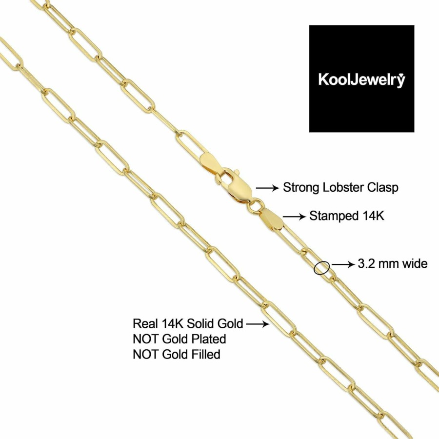 Kooljewelry Kooljewelry 14K Yellow, White Or Rose Gold 3.2 Mm Paperclip Link Chain Bracelet For Women Best