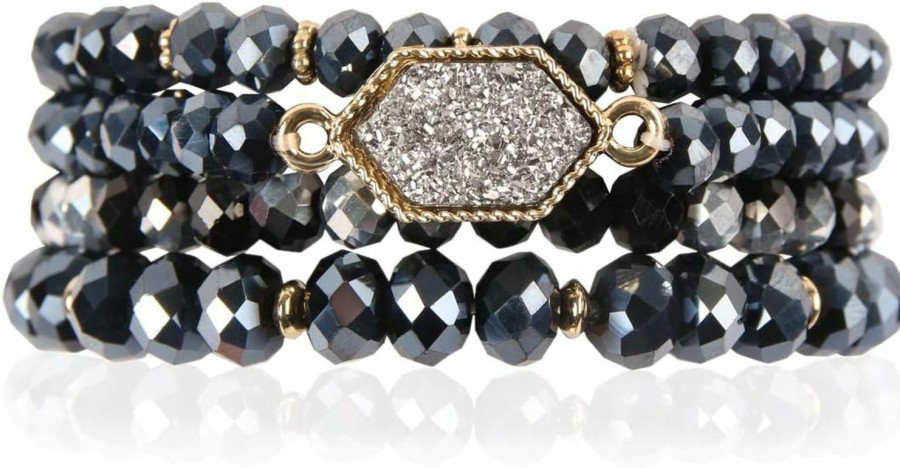 RIAH FASHION Riah Fashion Bohemian Acrylic Druzy Multi-Layer Bead Statement Bracelet - Versatile Faux Stone Pendant Stretch Strand Stackable Cuff Bangle Set Sparkly Crystal Wholesale