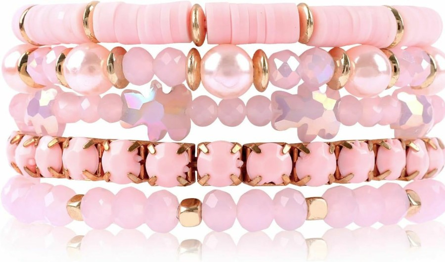 Amazon Pink White Preppy Bracelet Clay Beaded Bracelets, Boho Multi-Layer Beaded Crystal Bracelets, Bohemian Bracelet Set Friendship Jewelry For Women Girls Online