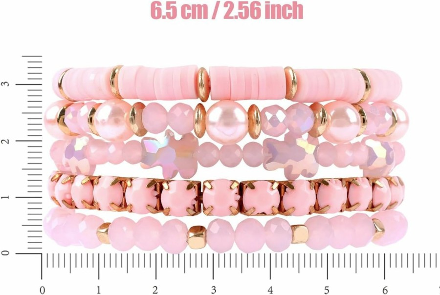 Amazon Pink White Preppy Bracelet Clay Beaded Bracelets, Boho Multi-Layer Beaded Crystal Bracelets, Bohemian Bracelet Set Friendship Jewelry For Women Girls Online