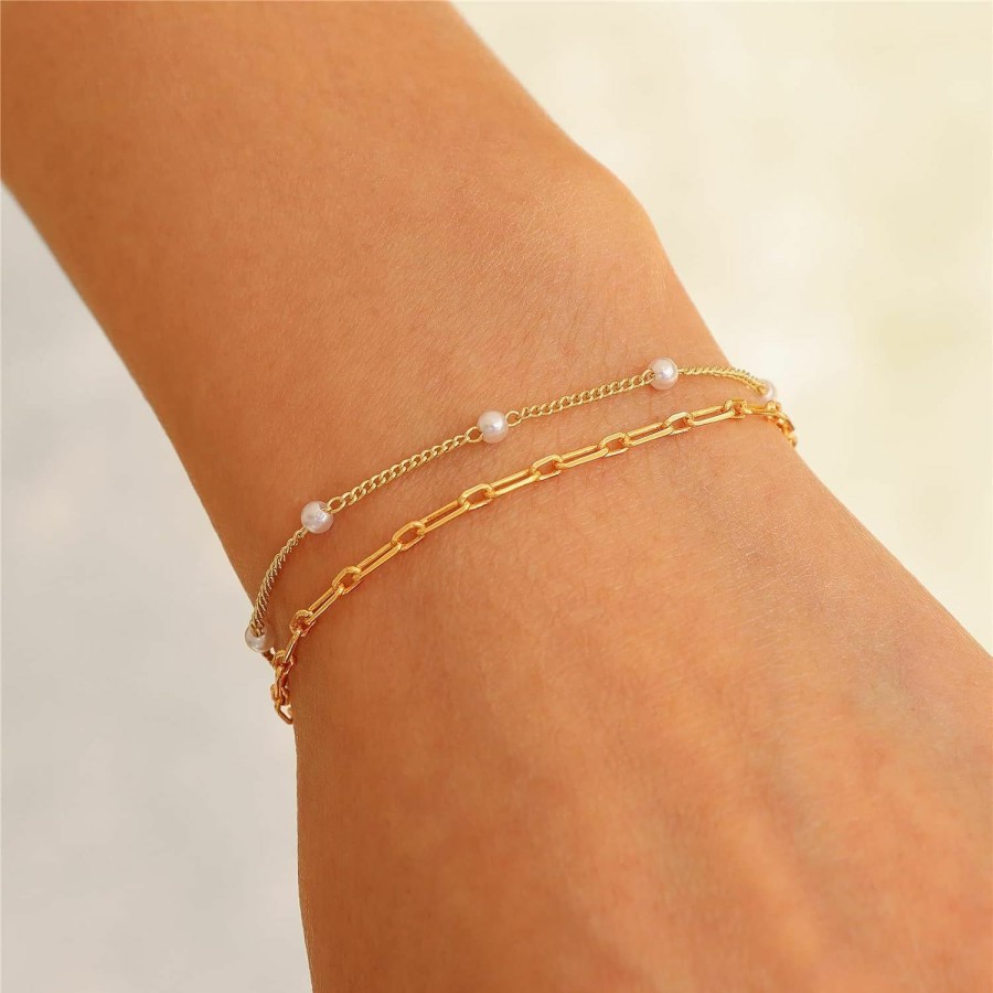 Risyfjew Risyfjew Dainty Pearl Chain Bracelets 14K Gold Bracelet For Women Adjustable Baroque Culture Jewelry Gifts For Mother Wife Girls New