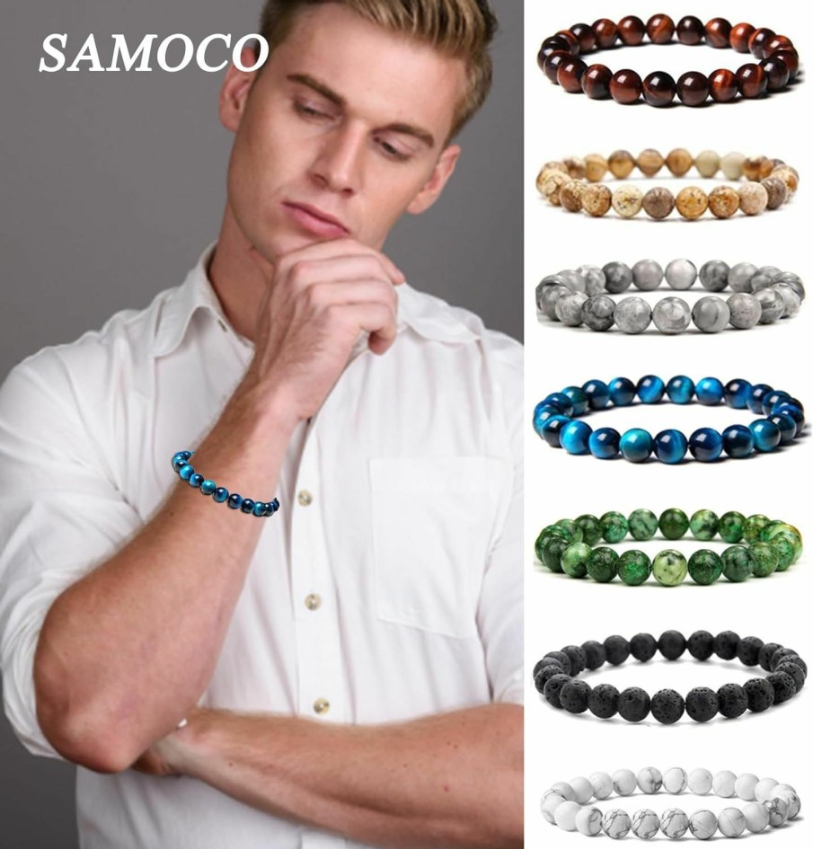 SAMOCO Samoco 12Pcs 8Mm Gorgeous Semi-Precious Gemstones Healing Crystal Stretch Beaded Bracelet Uni Adjustable Best