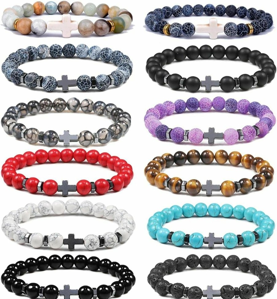 Jewdreamer Jewdreamer 12Pcs 8Mm Cross Beads Bracelet For Men Women Lava Rock Healing Gemstone Bracelet Tiger Eye Stone Howlite Crystal Stretch Bracelet Set Best