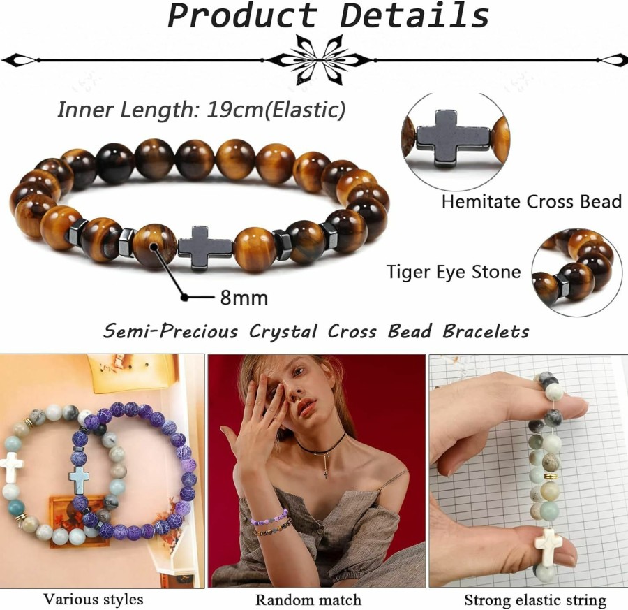 Jewdreamer Jewdreamer 12Pcs 8Mm Cross Beads Bracelet For Men Women Lava Rock Healing Gemstone Bracelet Tiger Eye Stone Howlite Crystal Stretch Bracelet Set Best