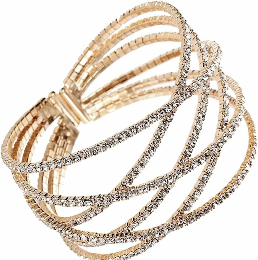 NTLX Ntlx Crystal Bracelet For Women Rhinestone Cuff Bracelet Silver & Gold Plated - Flexible & Adjustable Multiple X Shape Cross Geometric Negative Space - Bridal, Wedding, Prom, Party, Pageant, Evening, Casual, Bracelet - With Gift Box Best