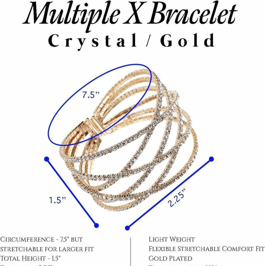 NTLX Ntlx Crystal Bracelet For Women Rhinestone Cuff Bracelet Silver & Gold Plated - Flexible & Adjustable Multiple X Shape Cross Geometric Negative Space - Bridal, Wedding, Prom, Party, Pageant, Evening, Casual, Bracelet - With Gift Box Best