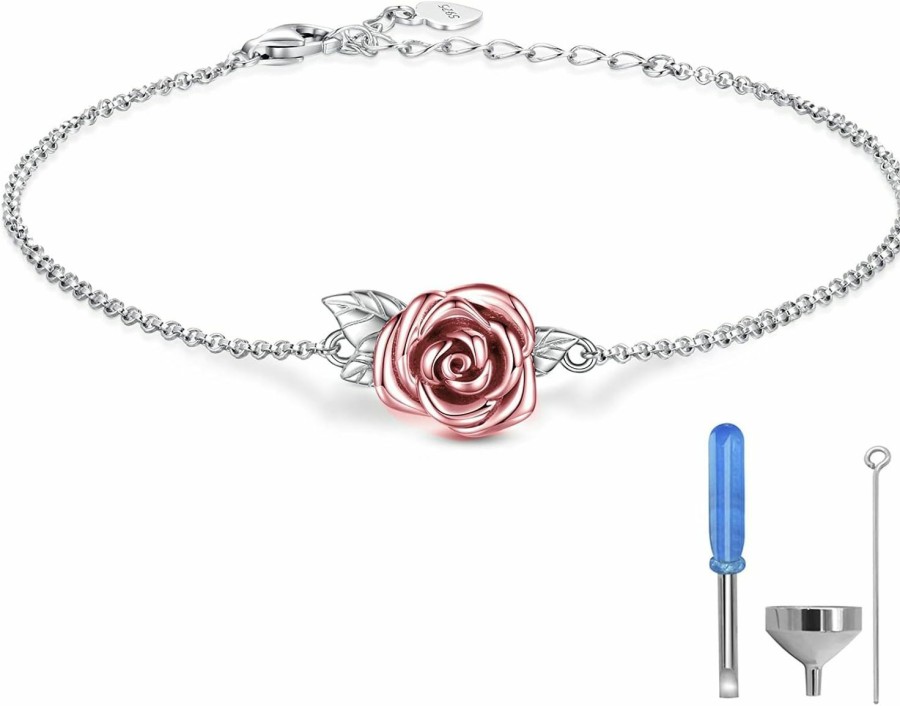 MANBU Manbu Rose Cremation Urn Jewelry For Ashes - 925 Sterling Silver Memorial Keepsake Ring Bracelet Necklace Gift For Women, Bereavement Gift For A Loss Of The Loved One New