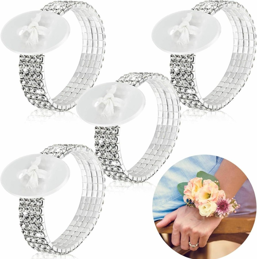 Bonuci Bonuci 4 Pieces Corsage Wristlet Bands Rhinestone Bracelet Wristlets Stretch Diy Wedding Wristband Corsage Accessories Bracelets For Wedding Party Prom Bride Shower Party Anniversary Wholesale