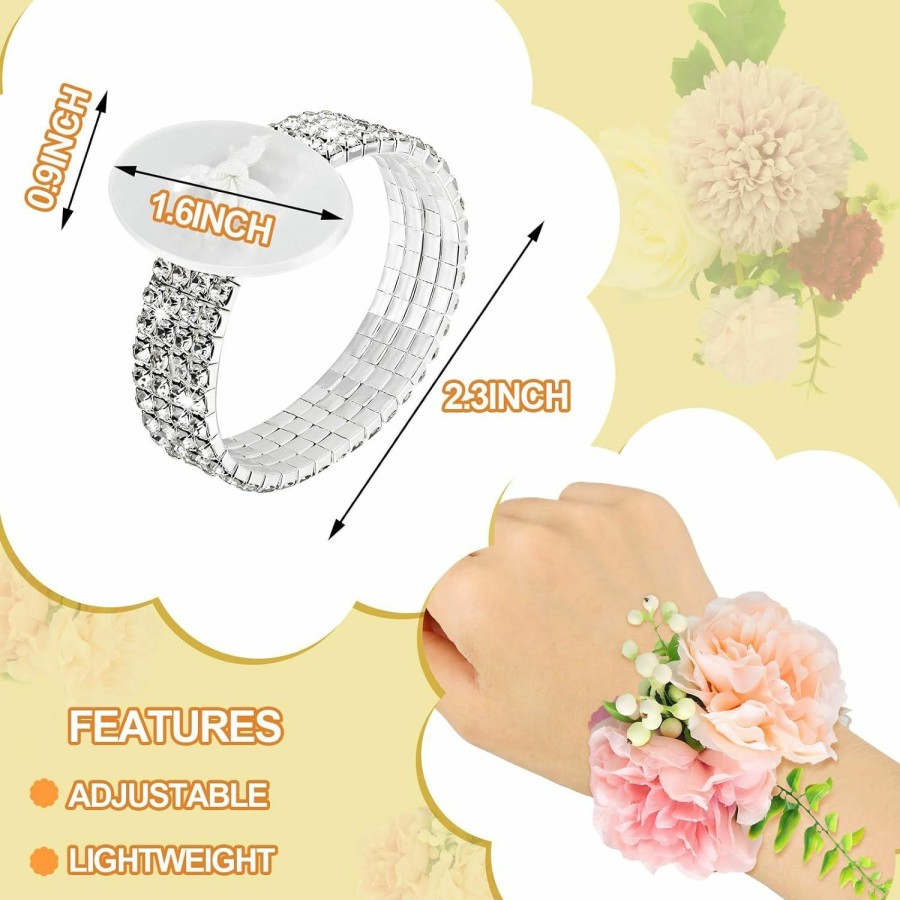 Bonuci Bonuci 4 Pieces Corsage Wristlet Bands Rhinestone Bracelet Wristlets Stretch Diy Wedding Wristband Corsage Accessories Bracelets For Wedding Party Prom Bride Shower Party Anniversary Wholesale