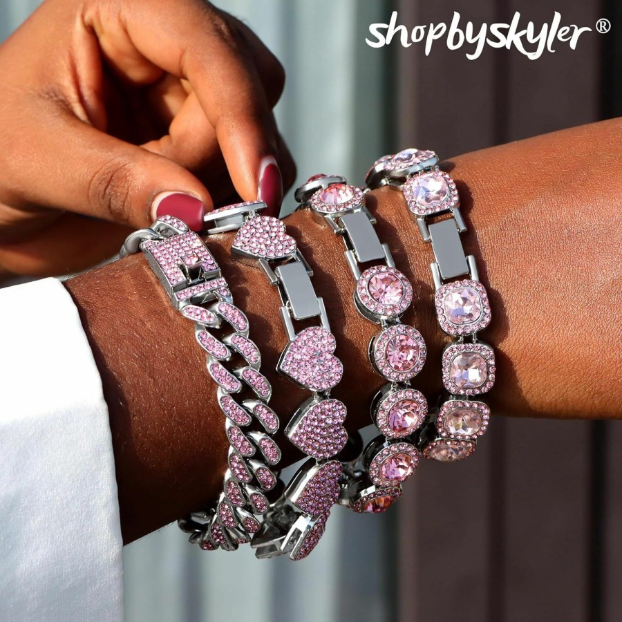 shopbyskyler 4Pcs Gold Bracelets For Women Girls Silver Clustered Tennis Bracelet For Women Heart Round Diamond Cuban Bracelet Layered Link Bracelet Set Fashion Jewelry For Women Girls Gift Set Wholesale