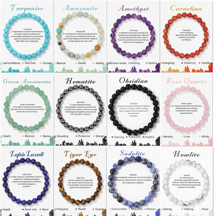 CASDAN Casdan 12Pcs Healing Crystal Bracelets For Women Men 8Mm Round Stone Beaded Bracelet Semi-Precious Gemstones Bracelet Energy Stone Stretch Bracelet Jewelry Gifts Hot