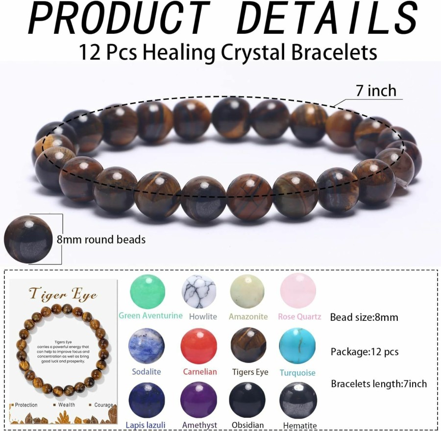 CASDAN Casdan 12Pcs Healing Crystal Bracelets For Women Men 8Mm Round Stone Beaded Bracelet Semi-Precious Gemstones Bracelet Energy Stone Stretch Bracelet Jewelry Gifts Hot