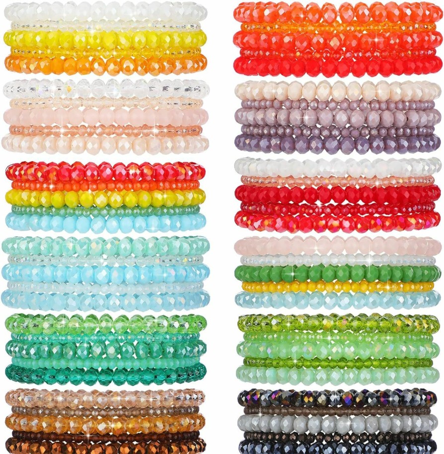 Junkin Junkin 60 Pcs Bohemian Multi Layer Crystal Beaded Stacking Statement Bracelets For Women Stretchy Strand Crystal Bead Bracelets Versatile Slip On Stackable Shiny Bead Bracelets Pack Clearance