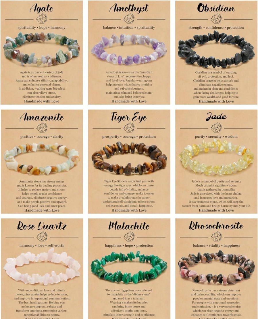 BOMAIL Bomail 9 Pcs Crystal Chip Bracelets Set Natural Gemstone Bracelets Healing Crystal Stretch Bracelets Irregular Chips Beads Bracelet For Women Jewelry Gifts Wholesale