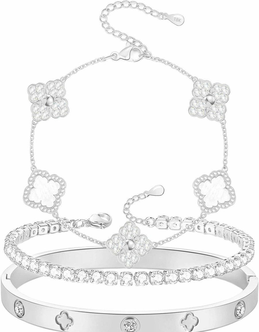 BALTERS Balters Silver Lucky Four Leaf Bracelets Silver Tennis Bracelets Set Silver Plated Cubic Zirconia Four Leaf Lucky Bracelets Silver Four Leaf Bangle For Women Lover Online