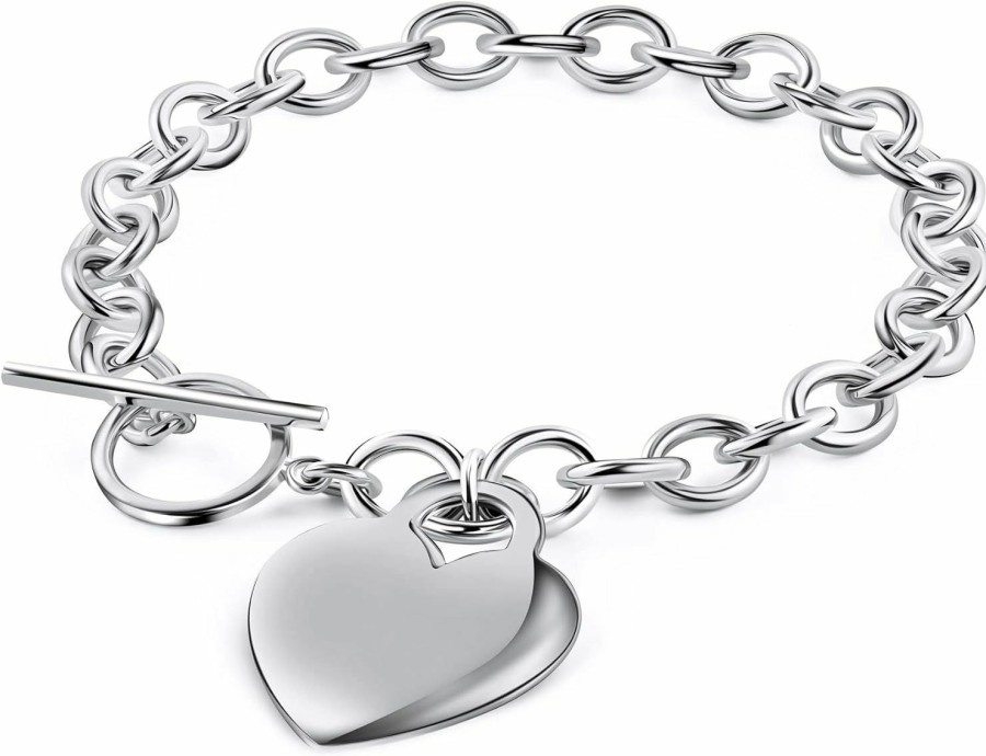 PORI JEWELERS Pori Jewelers .925 Sterling Silver Heart Charm Bracelet - For Women And Girls - Toggle Lock - 7.5\" Hot