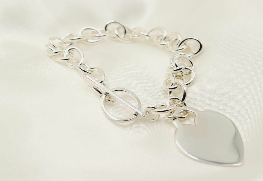 PORI JEWELERS Pori Jewelers .925 Sterling Silver Heart Charm Bracelet - For Women And Girls - Toggle Lock - 7.5\" Hot