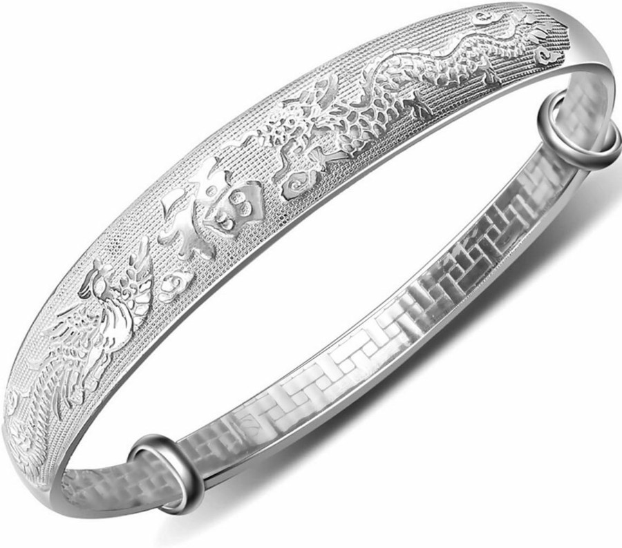 Merdia Merdia Women'S 999 Solid Sterling Silver Chinese Dragon Phoenix Carved Adjustable Bangle Bracelet 27G Weight For Women, Ladies And Elder | Dragon Jewelry For Women | Sterling Silver Bangle Online