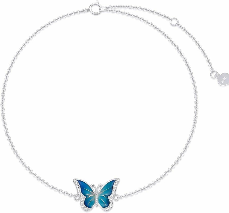 SISGEM Sisgem Real 14K Gold Blue Butterfly Bracelet For Women, Solid 14 Karat Gold Animal Lover Wrist Jewelry Gifts For Her, 6.8-8.4 Online