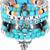 BVGA Bvga Western Cowgirl Turquoise Beaded Stretch Bracelets Preppy Heishi Bracelets Set Aztec Turquoise Bull Head Cow Cactus Flower Charm Bohemian Stackable Bracelets Y2K Summer Beach Layering Bracelets Jewelry For Women Girls Teens New