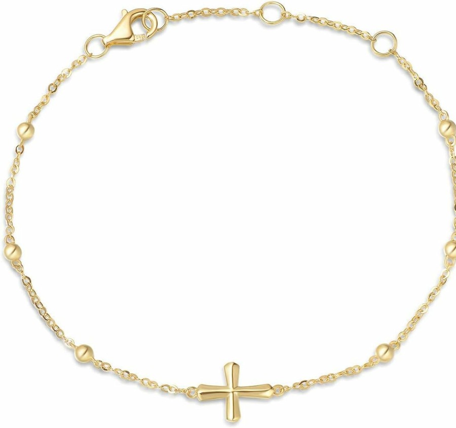 FANCIME Fancime 14K Solid Yellow Gold Cross Crucifix Strand Station Bracelet Dainty Everyday Fine Minimalist Jewelry Cute Anniversary Mother'S Day Gifts For Women, 6.7\" + 1.2\" Hot