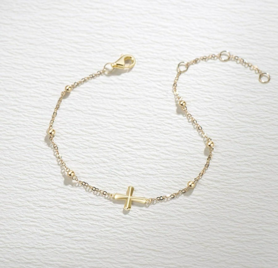 FANCIME Fancime 14K Solid Yellow Gold Cross Crucifix Strand Station Bracelet Dainty Everyday Fine Minimalist Jewelry Cute Anniversary Mother'S Day Gifts For Women, 6.7\" + 1.2\" Hot