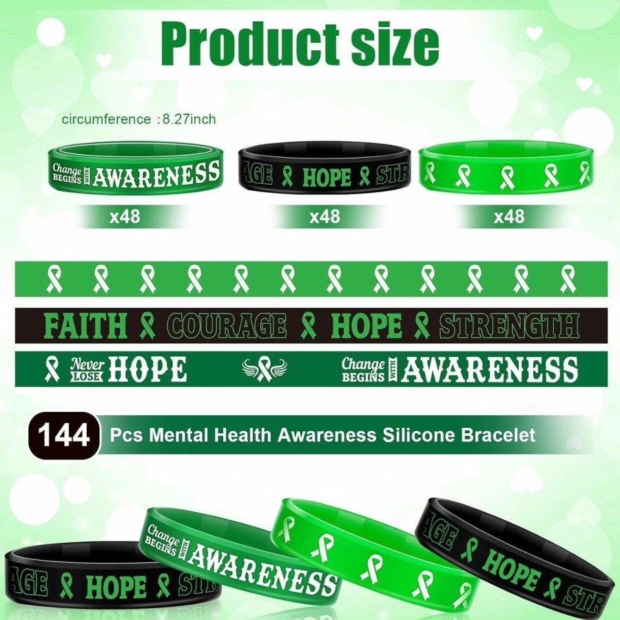 Sosation Sosation 144 Pcs Mental Health Awareness Bracelet Gifts Green Mental Faith Courage Hope Silicone Motivational Bracelets For Men Women Best