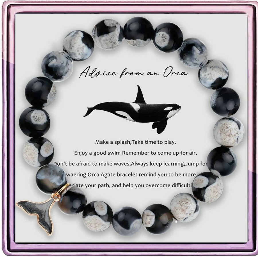 ARHTF Orca Healing Bracelets For Women Orca Whale Gifts Orca Agate Crystal Bracelets Orca Gifts For Women Orca Tail Charm Orca Inspirational Gift Best