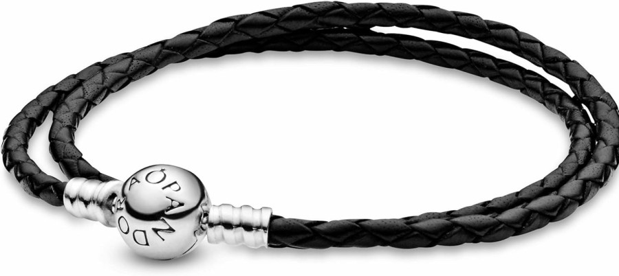 Pandora Pandora Moments Double Woven Leather Bracelet With Sterling Silver Clasp - Compatible Moments Charms - Charm Bracelet For Women - Gift For Her - Black, With Gift Box Hot