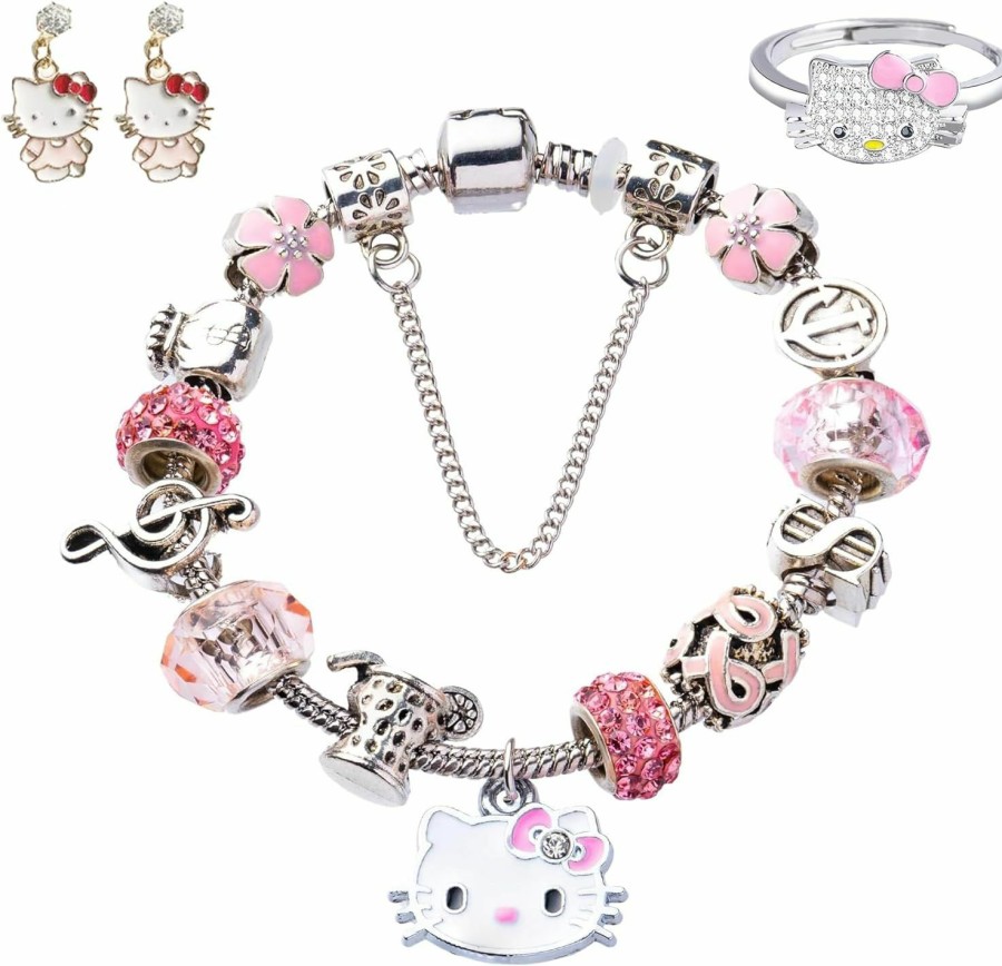 Magwei Magwei Hello Kitty Bracelet With Ring And Earrings, Cute Cartoon Charm Bracelets For Women Girls, Fashion Kawaii Chain Cuff Jewelry Set For Girls New