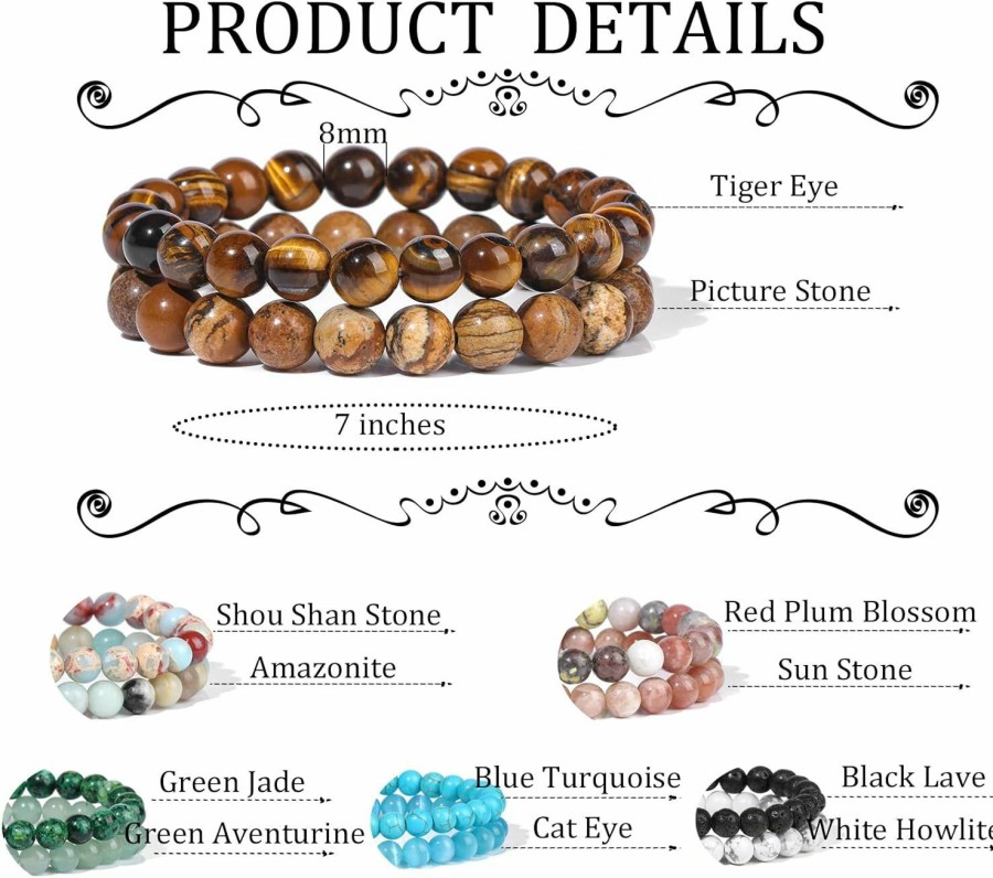 WAINIS Wainis 12Pcs 8Mm Semi-Precious Gemstones Beaded Bracelets For Men Women Healing Crystal Stretch Handmade Stackable Stone Bracelet Uni Online