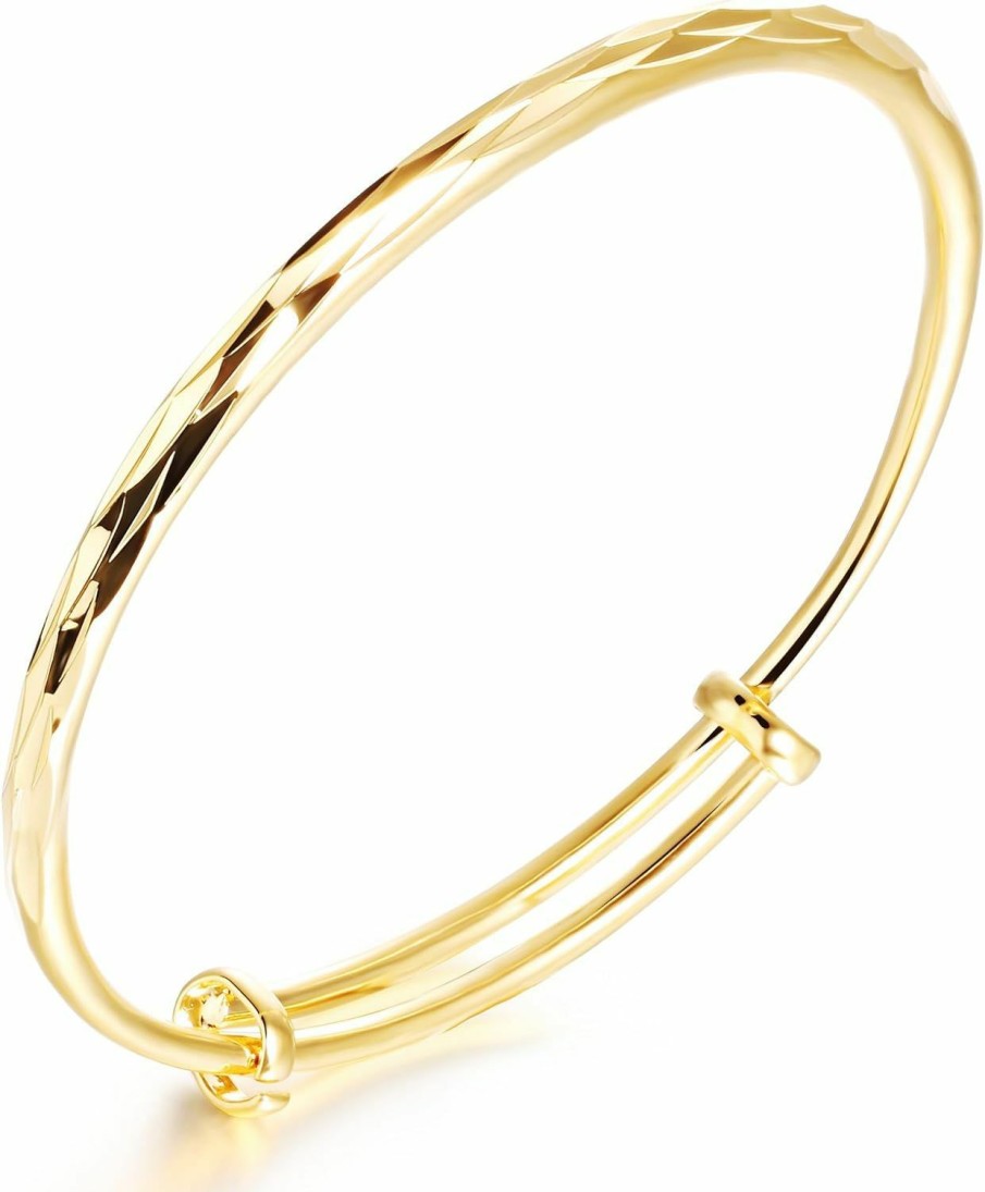 4U 4U 18K Yellow Gold Classical Diamond Cut Adjustable Bangle Bracelet For Women New