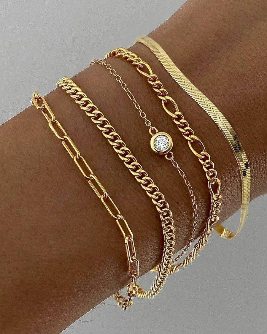 DEARMAY Dearmay Gold Bracelets For Women, 14K Real Gold Jewelry Sets For Women Cute Tennis Beaded Bracelets For Women Cuban Link Paperclip Chain Dainty Bracelet Pack Gifts For Women Girls Clearance