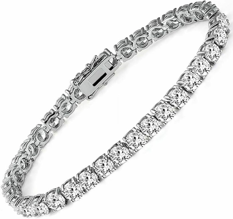 MDFUN 18K White Gold Plated Cz Tennis Bracelet, 4Mm Cubic Zirconia Charm Bracelet For Women Men Clearance