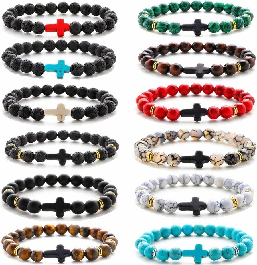 MOZAKA Mozaka 12Pcs 8Mm Cross Beads Bracelet For Men Women Lava Rock Tiger Eye Stone Howlite Stone Stretch Elastic Bracelet Set Online