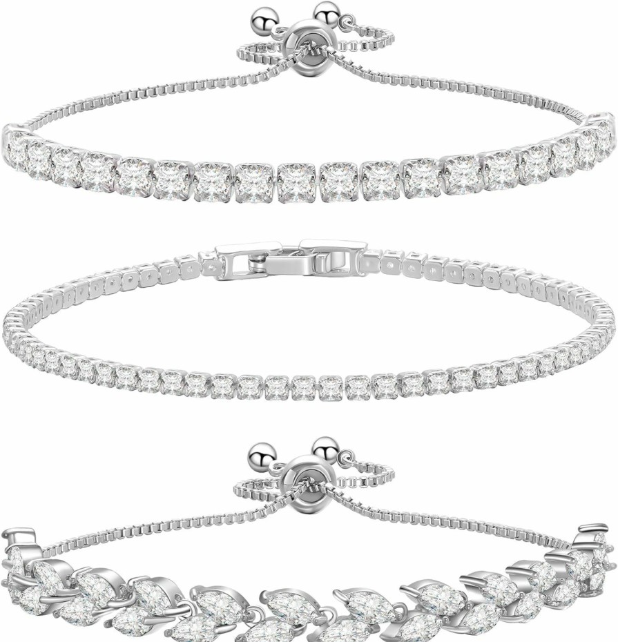 Erecter 14K Silver Plated Tennis Bracelet Cubic Zirconia Classic Adjustable Bracelet Silver Bracelets For Women Girls Birthday Valentine Mother'S Day Jewelry Gift Hot