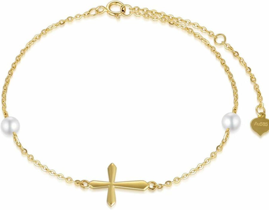 SISGEM Sisgem 14K Gold Cross Bracelet For Women, Real Pearl Religious Bracelet, Confirmation Gifts For Her, 6.3\"+1\"+1\" New