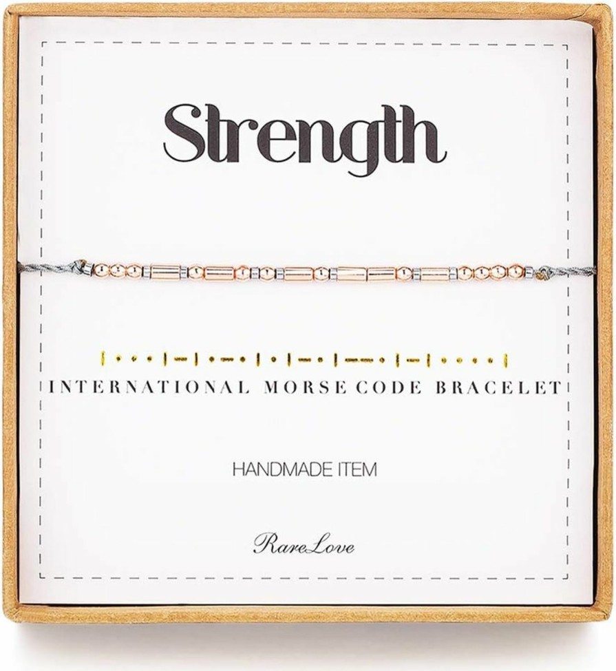 RareLove Rarelove Strength Morse Code Bracelets Be Strong Inspirational Encouragement Friendship Gift For Women Girls Rose Golden Beads Grey String Bracelet Clearance