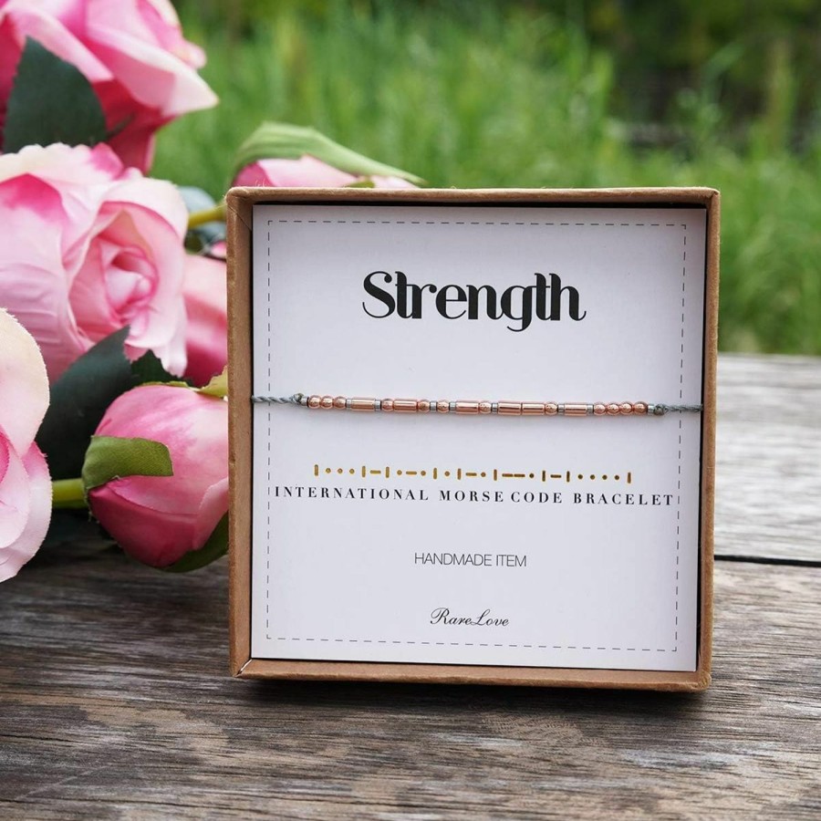 RareLove Rarelove Strength Morse Code Bracelets Be Strong Inspirational Encouragement Friendship Gift For Women Girls Rose Golden Beads Grey String Bracelet Clearance